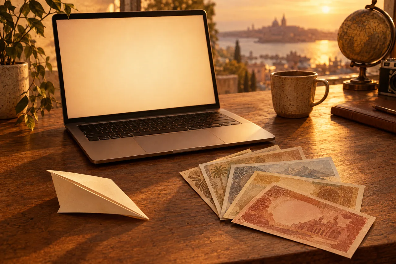 Laptop on a desk beside fanned banknotes and a paper plane