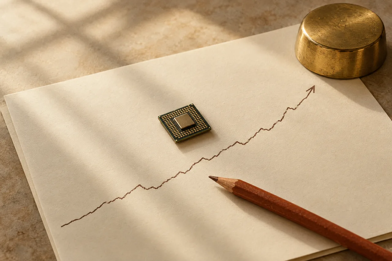 Computer chip on a ledger page with a rising ink line